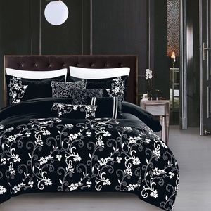 King Kimana Contemporary Floral Black Comforter Set - 7 Piece Set